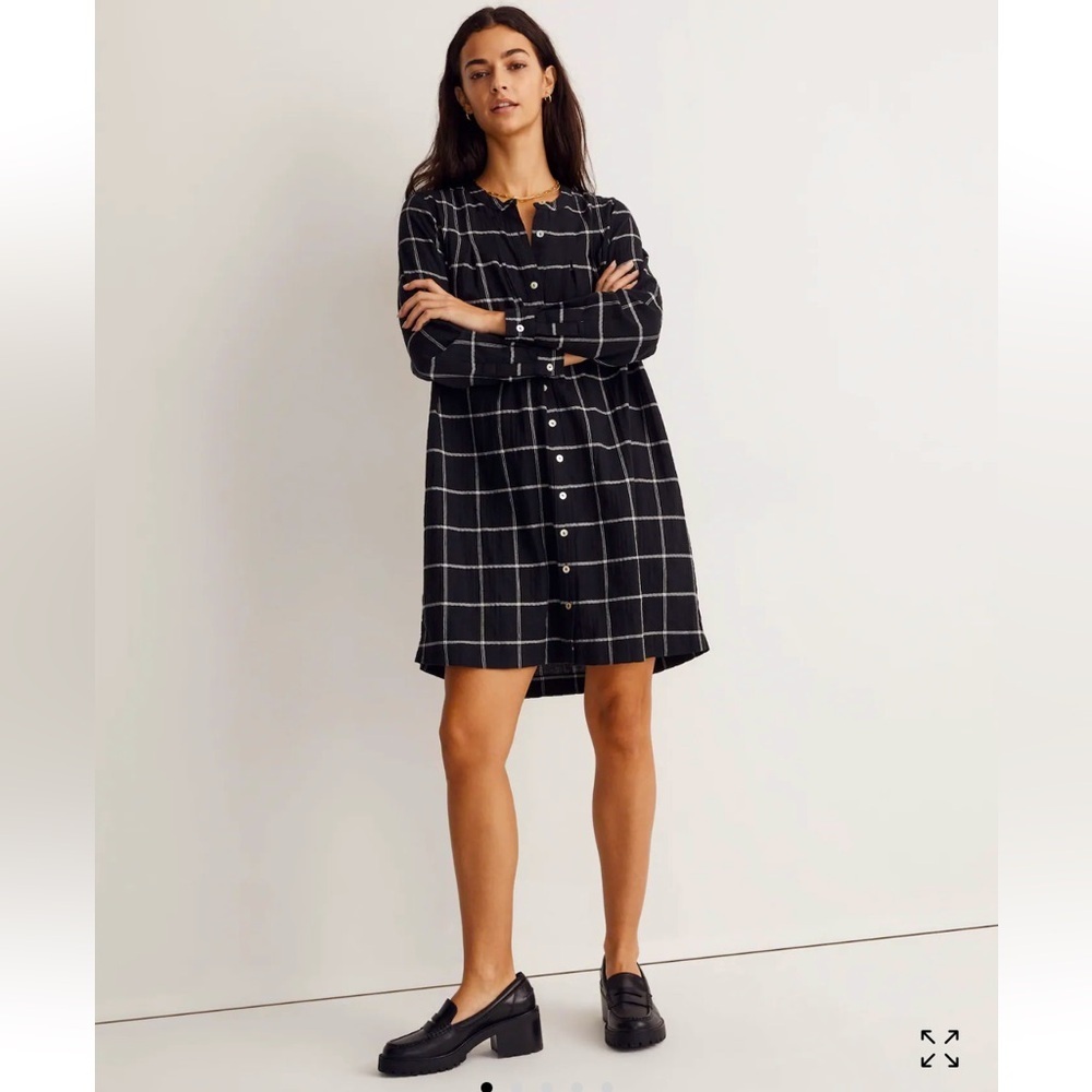 Madewell Collarless Shirtdress in Black & White Windowpane, size M